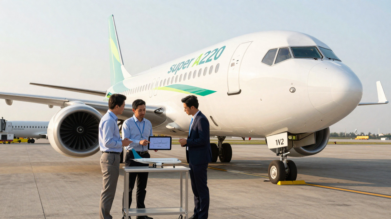 Três homens em traje formal discutem informações em tablet próximo a avião branco estacionado em aeroporto.