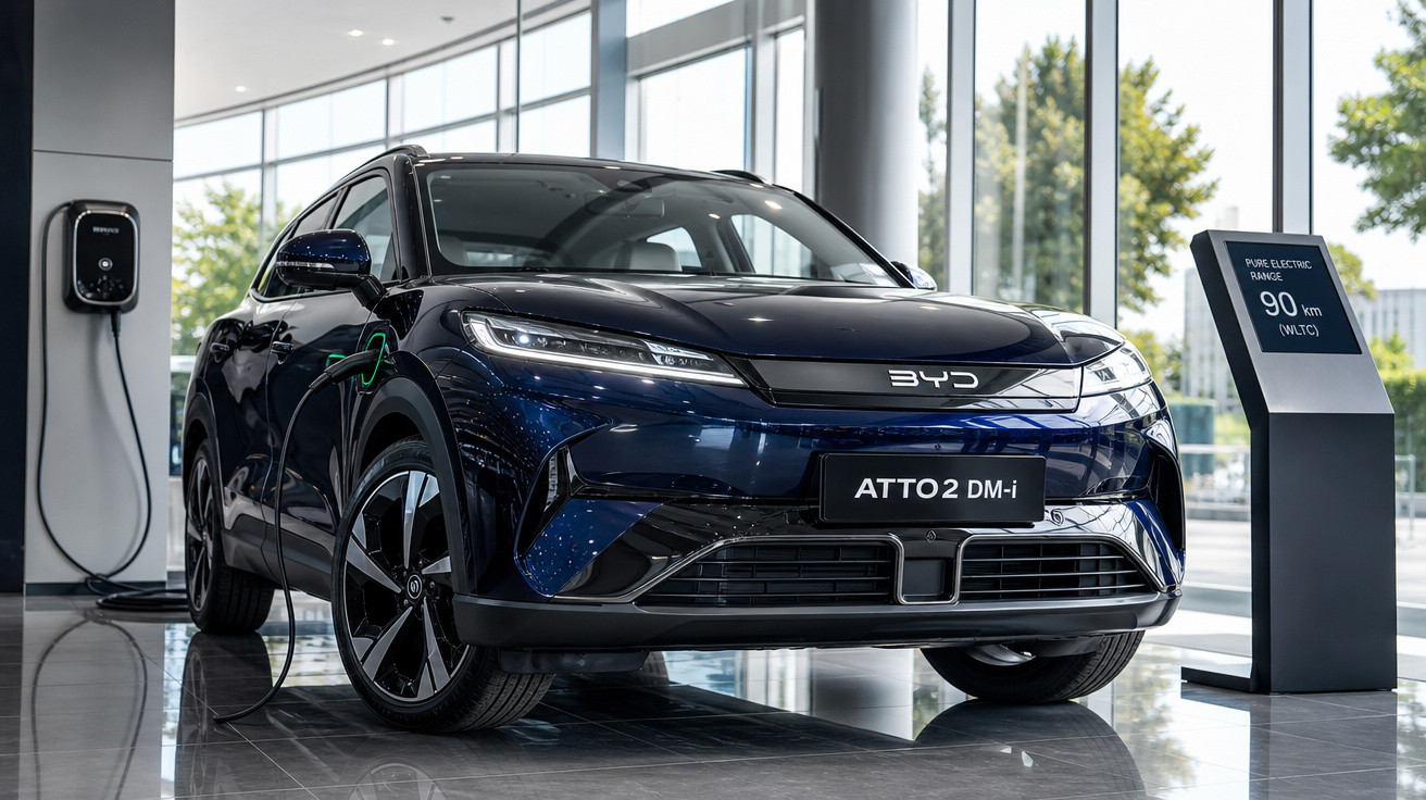 Carro elétrico BYD ATTO 2 DM-i azul escuro em carregador dentro de showroom moderno com vidro amplo.