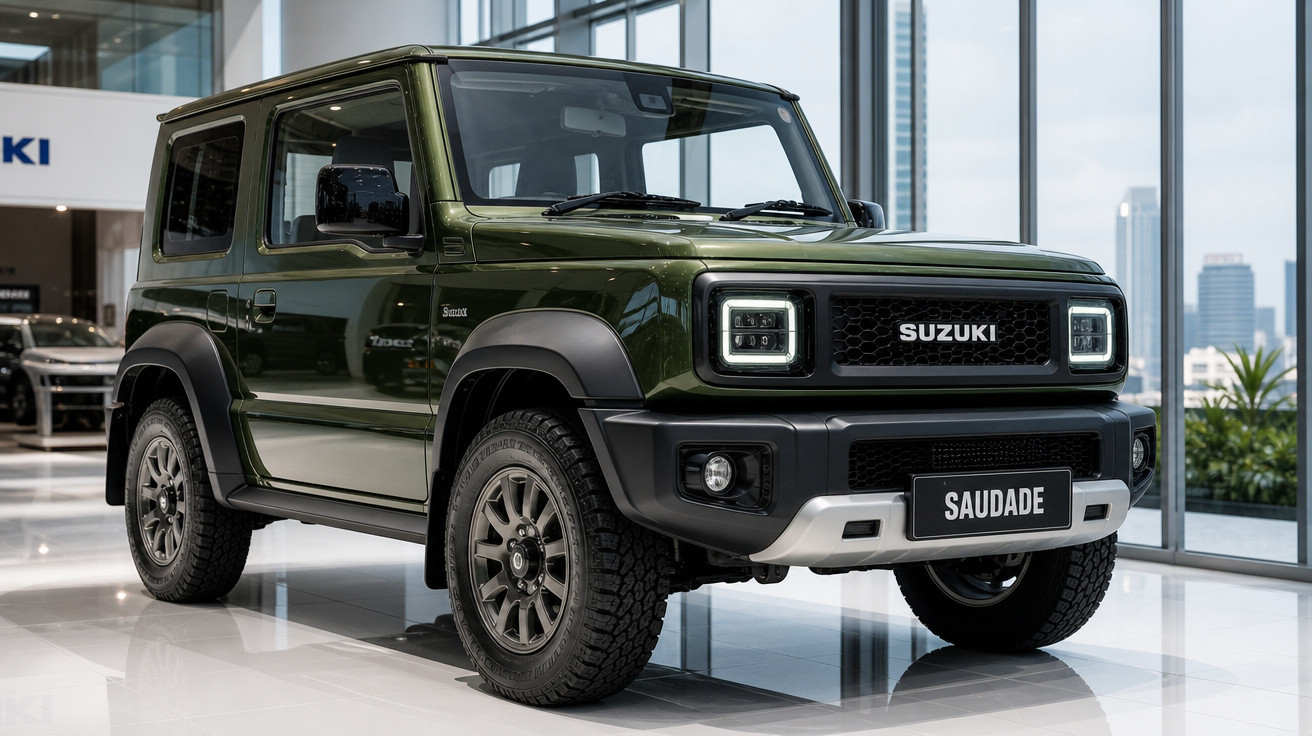 Veículo SUV Suzuki Jimny verde com placa personalizada "Saudade" em showroom moderno.