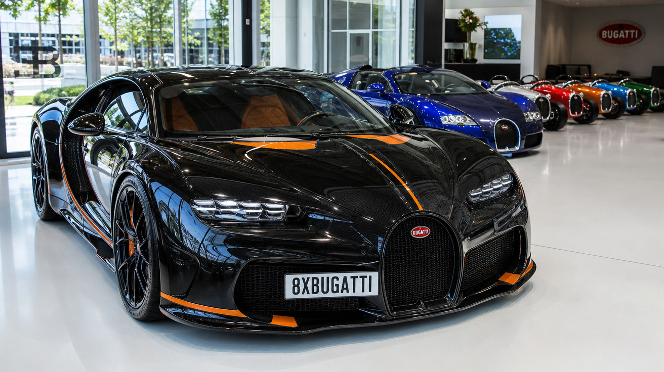 Carros esportivos Bugatti, com destaque para modelo preto com detalhes laranja em showroom moderno.