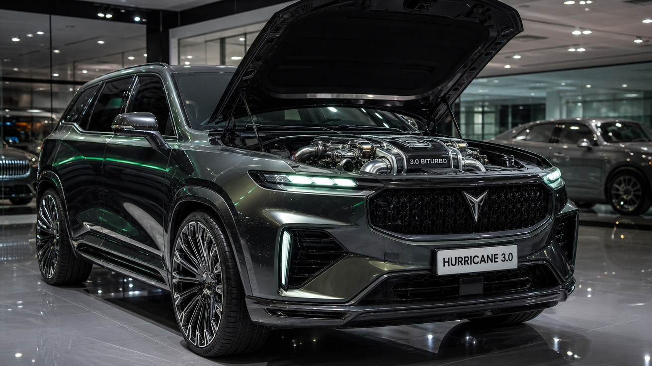 SUV preto de luxo com capô aberto exibindo motor 3.0 Biturbo em showroom moderno e iluminado.