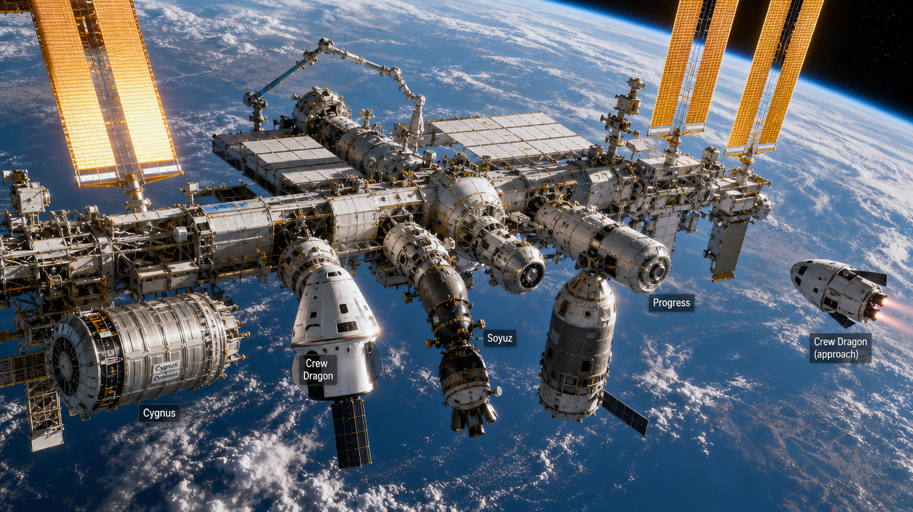 Estação Espacial Internacional em órbita terrestre com módulos e naves acopladas sob luz solar.