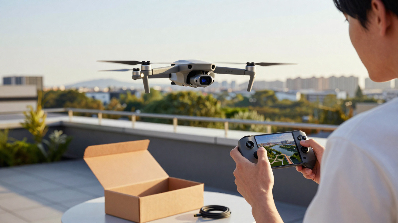 Pessoa controlando drone cinza com controle remoto em área externa com caixa aberta sobre mesa redonda.