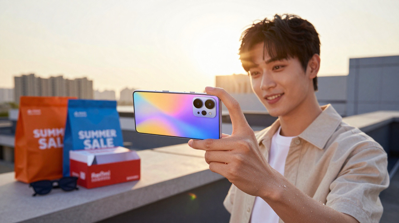 Jovem sorridente tirando selfie com smartphone colorido ao pôr do sol em ambiente urbano.