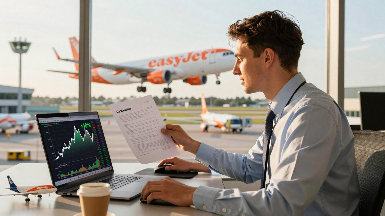 Homem em escritório no aeroporto analisando gráficos financeiros no laptop enquanto segura documento.