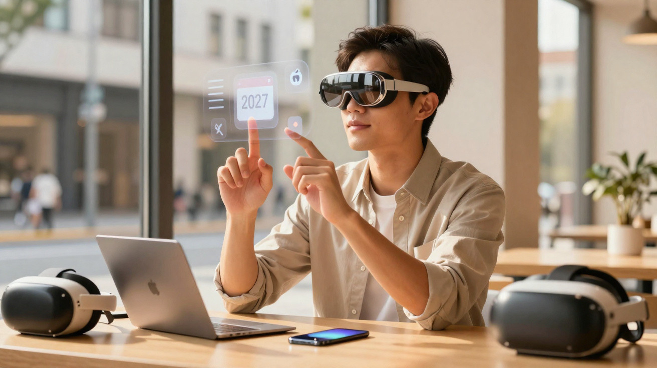 Jovem usando óculos de realidade aumentada interage com holograma digital enquanto trabalha em laptop.