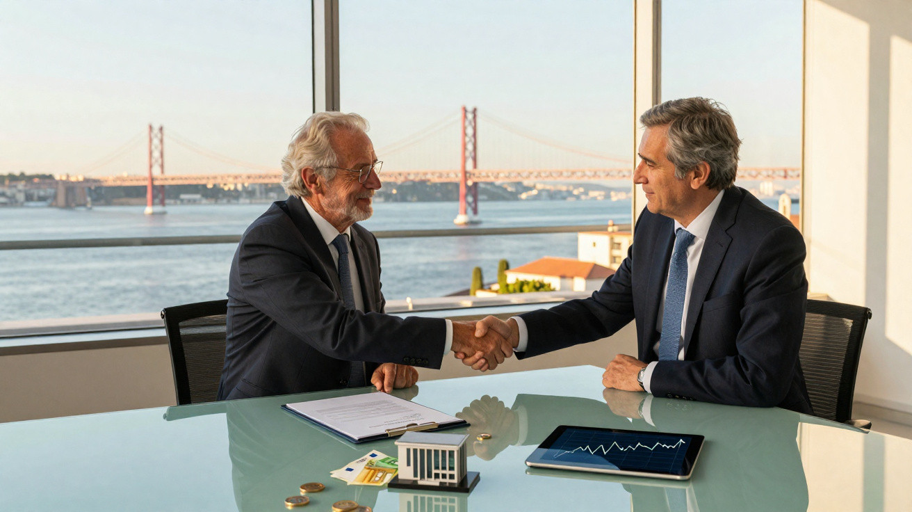 Dois homens de terno apertando as mãos em escritório com vista para ponte e rio ao fundo.
