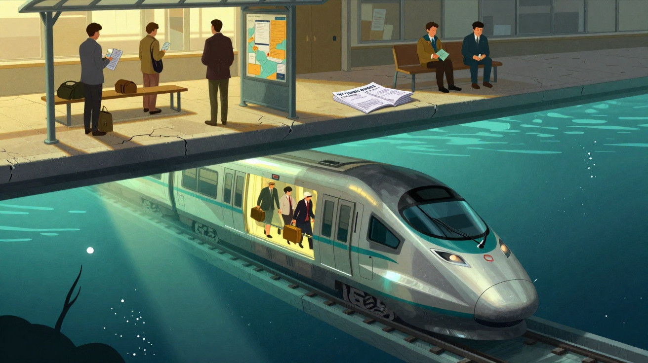 Estação de trem com pessoas esperando no cais e um trem moderno passando em um túnel subaquático.