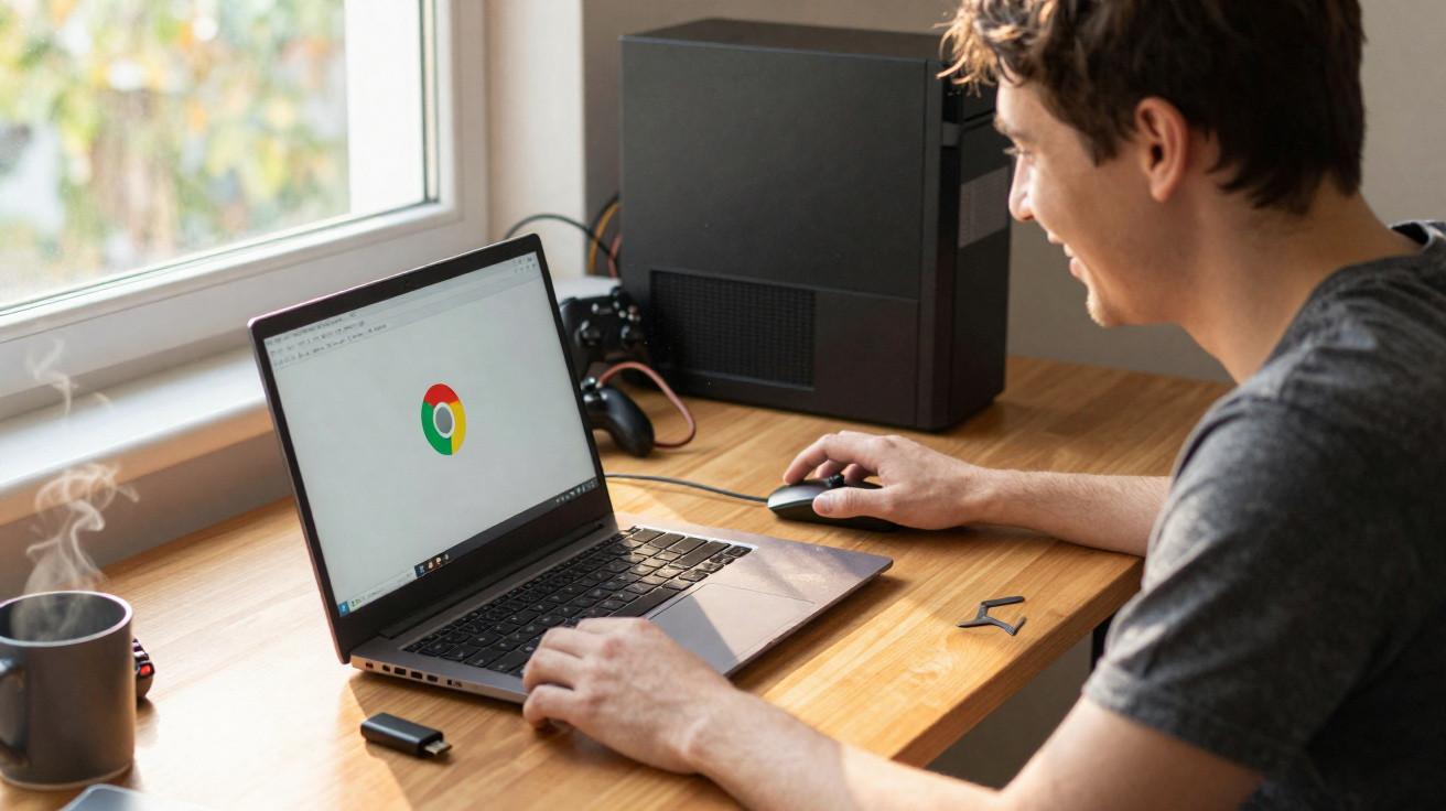 Homem usando laptop com navegador Chrome aberto em mesa de madeira perto de janela iluminada.