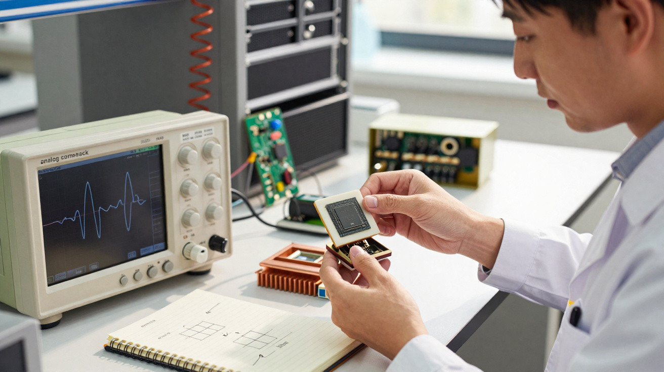 Homem analisando componente eletrônico próximo a osciloscópio e anotações técnicas em mesa de laboratório.