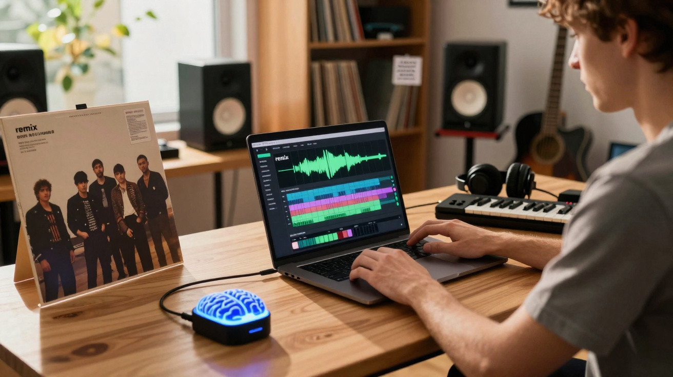 Pessoa usando laptop com software de edição musical em mesa com acessórios de áudio e disco de vinil.