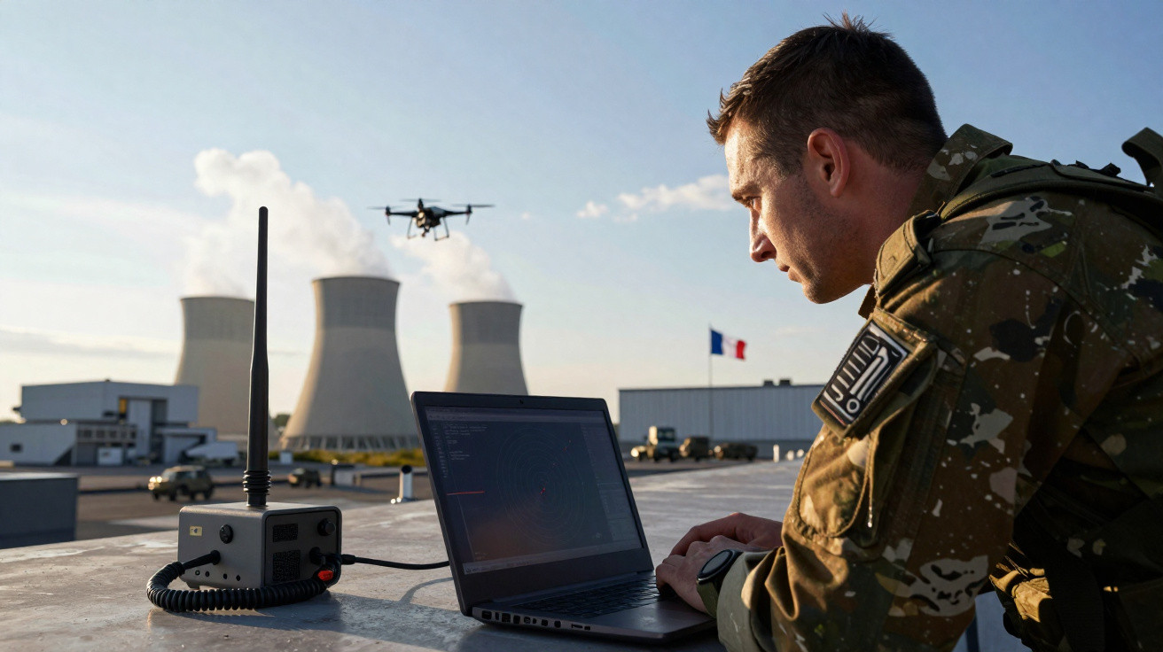 Militar operando drone com laptop em plataforma externa próxima a usina nuclear com torres de resfriamento.