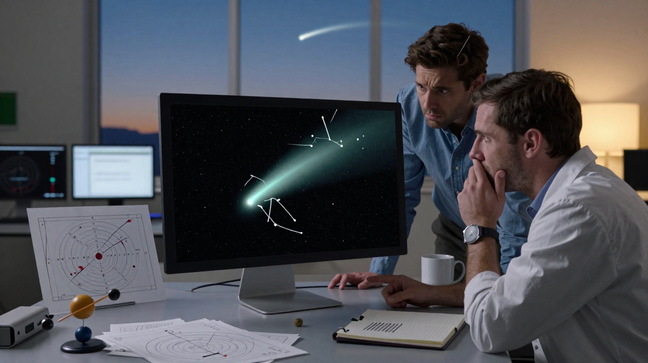Dois cientistas analisam uma imagem de cometa e constelações em um computador no laboratório.