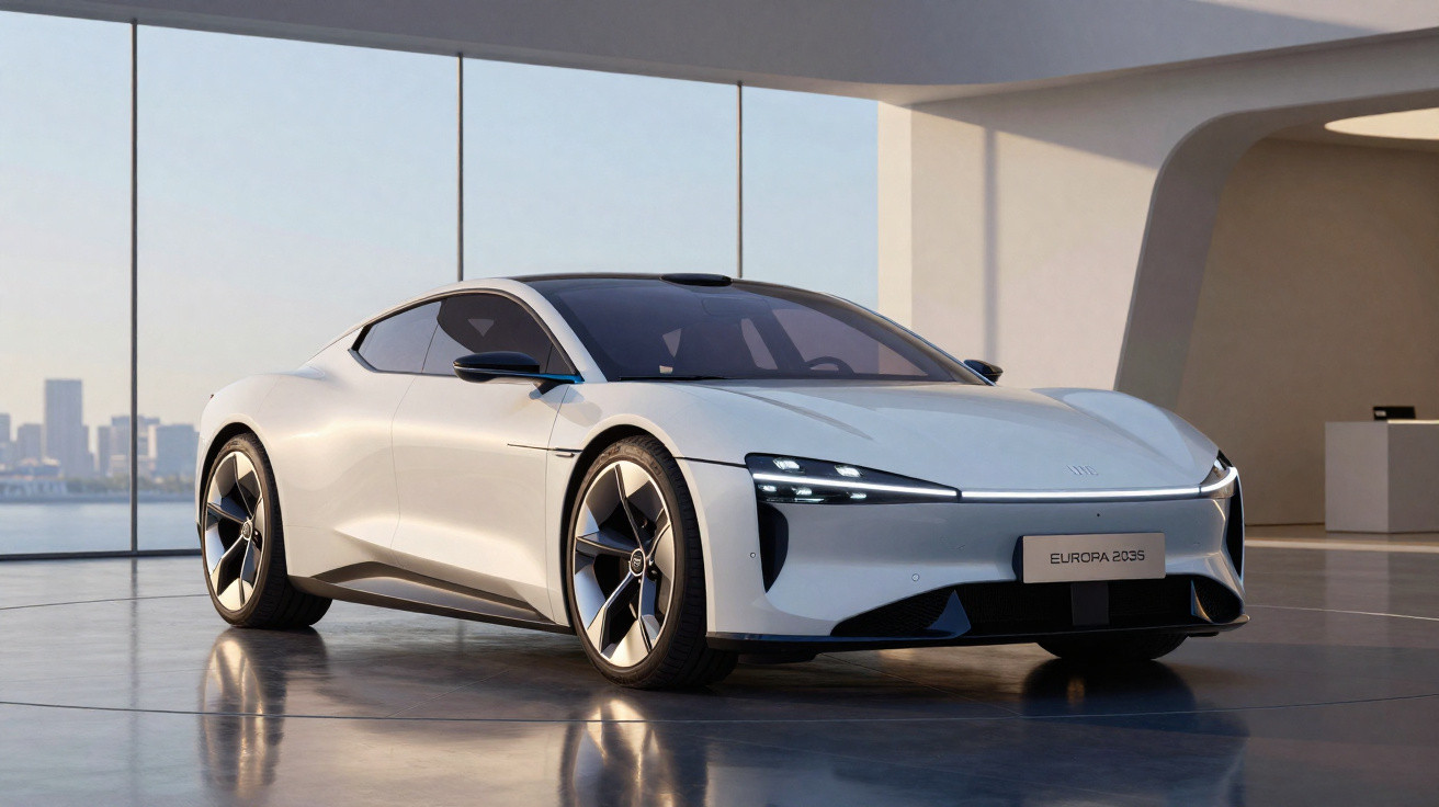 Carro esportivo elétrico branco em ambiente moderno com grandes janelas e vista urbana ao fundo.