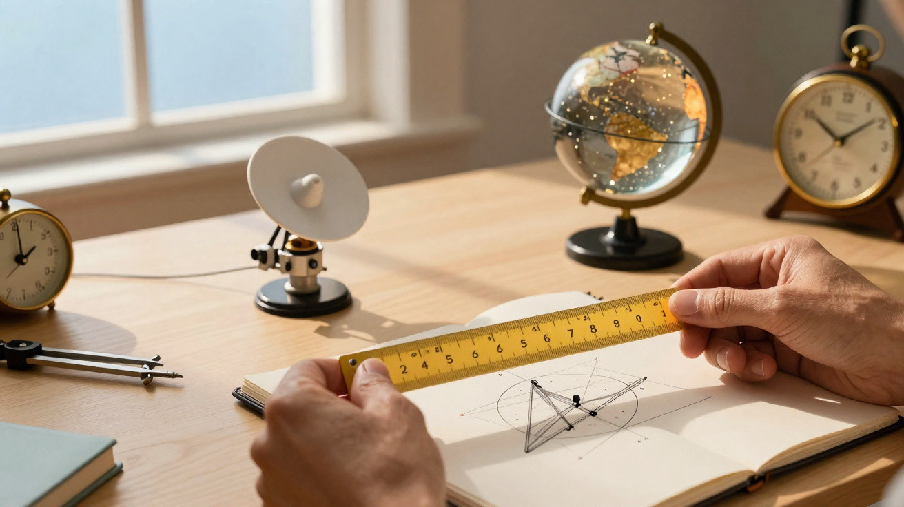 Mãos medindo desenho geométrico com régua amarela em mesa com globo, relógios e instrumentos científicos.