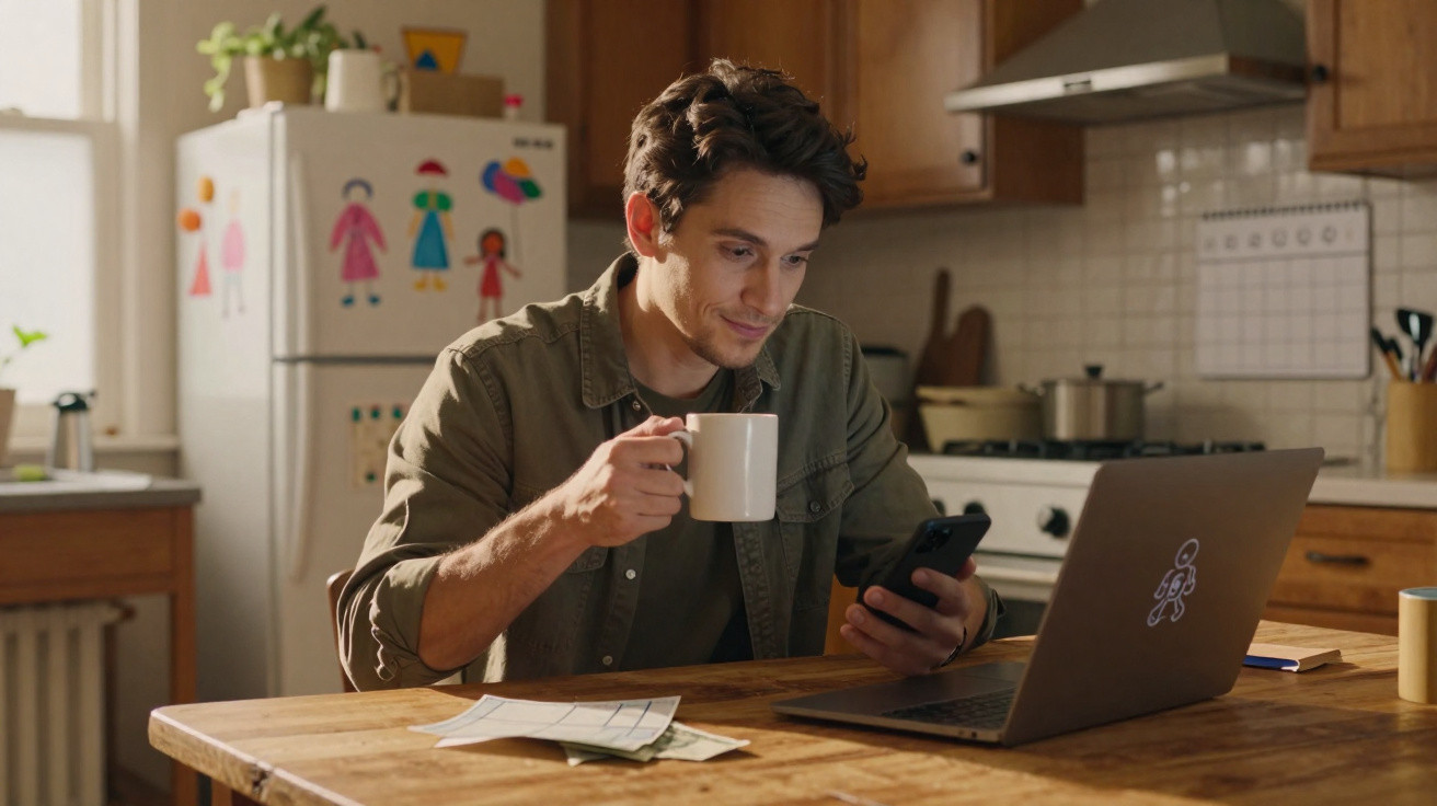 Homem sentado na cozinha, usando celular e segurando caneca, com notebook e papéis sobre a mesa de madeira.
