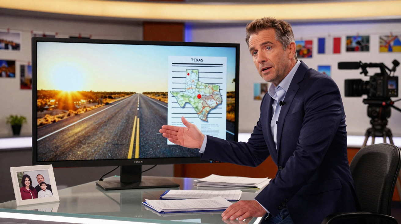 Homem apresentando dados do Texas em escritório moderno com monitor, câmera e foto de família na mesa.