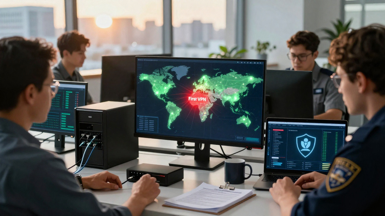 Pessoas trabalhando em escritório com monitores mostrando mapa mundial e dados de segurança cibernética.
