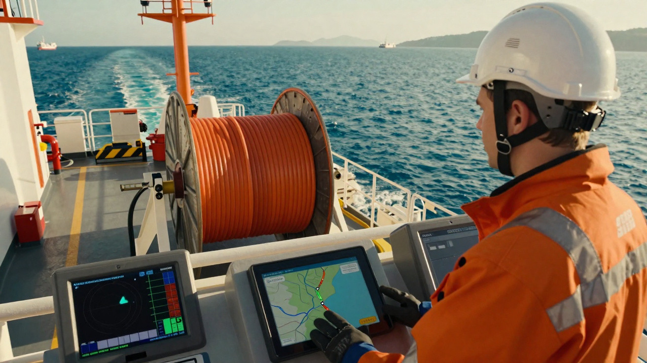 Trabalhador com capacete branco e roupa laranja operando equipamentos de navegação em navio no mar.