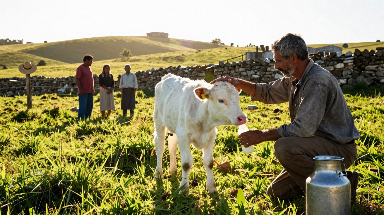 Homem sentado no campo alimenta bezerro branco com mamadeira, ao fundo três pessoas observam.
