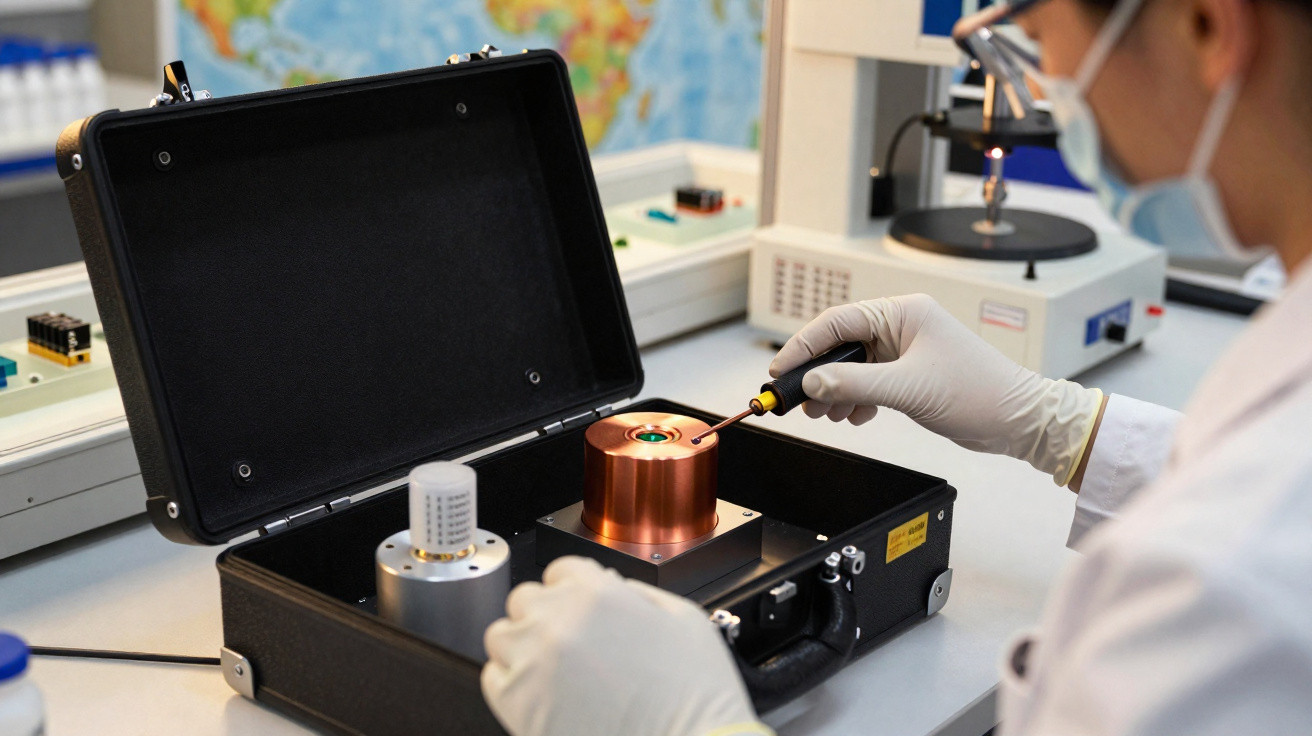Pesquisador com máscara e luvas trabalhando em equipamento tecnológico dentro de case aberto em laboratório.