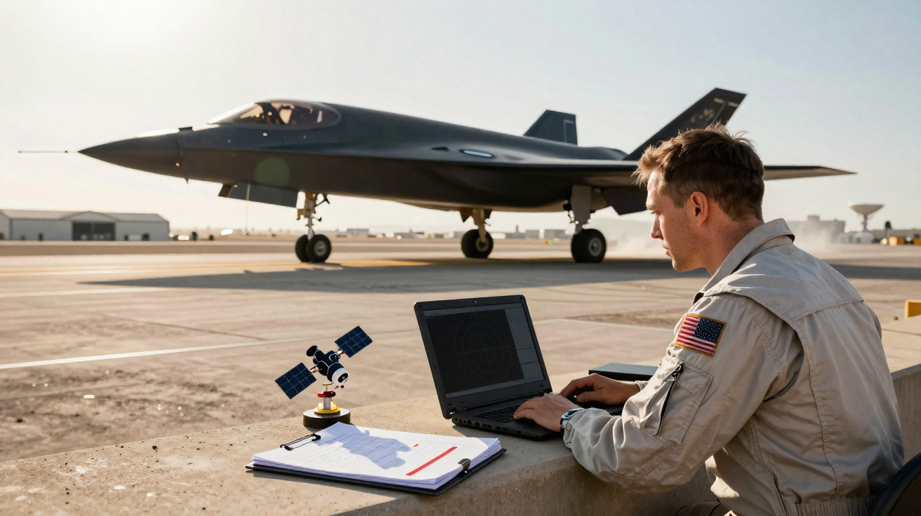 Homem em uniforme militar trabalhando em laptop próximo a caça furtivo estacionado em pista de aeroporto.