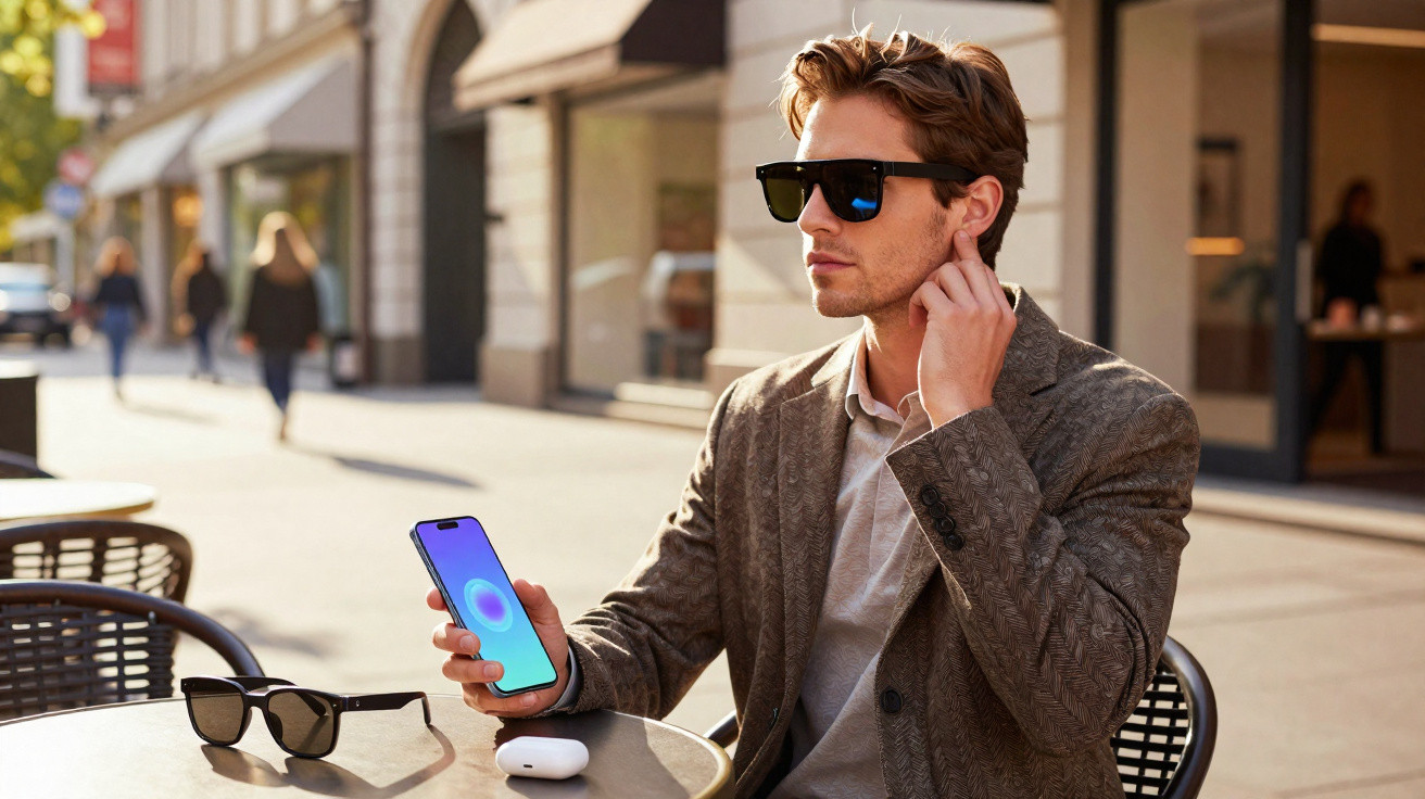 Homem elegante usando óculos escuros sentado em mesa externa de café segurando celular com fones sem fio.