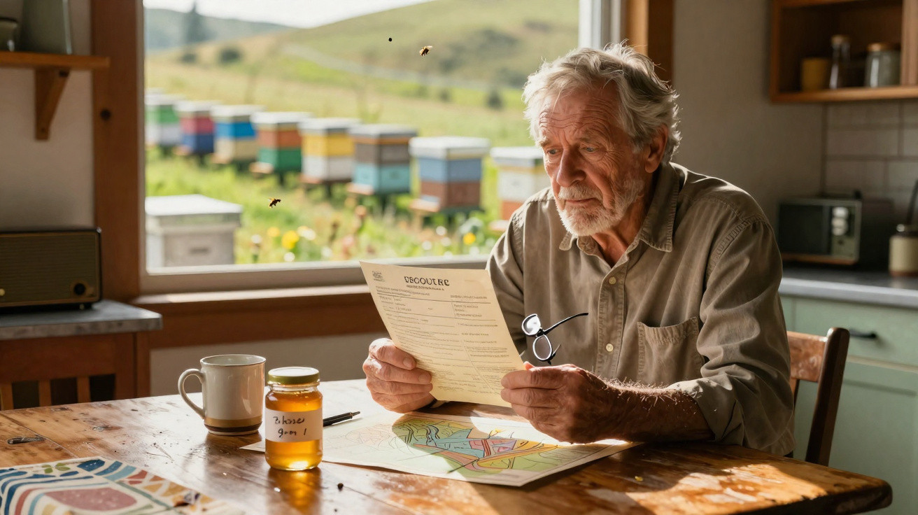 Idoso lendo documento em cozinha com colmeias e jarra de mel na mesa ensolarada.