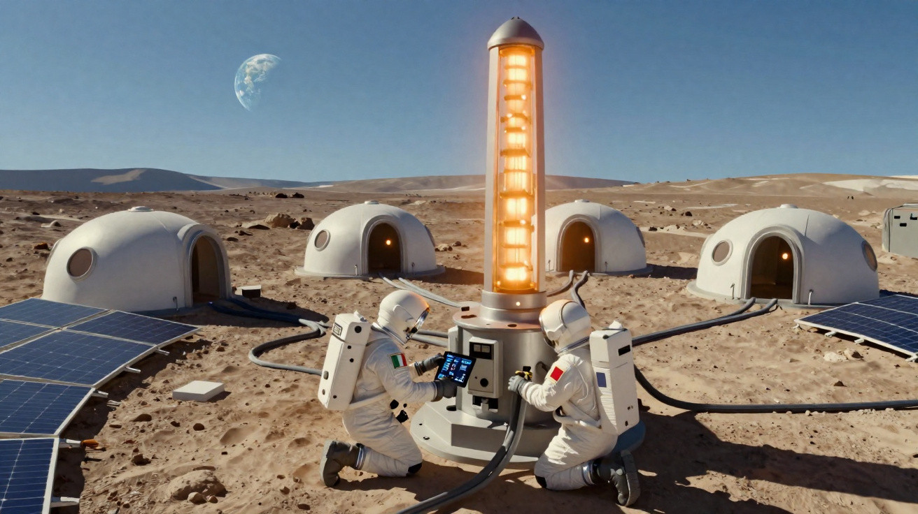 Dois astronautas ajustam equipamento em base lunar com módulos habitacionais e painéis solares ao fundo.