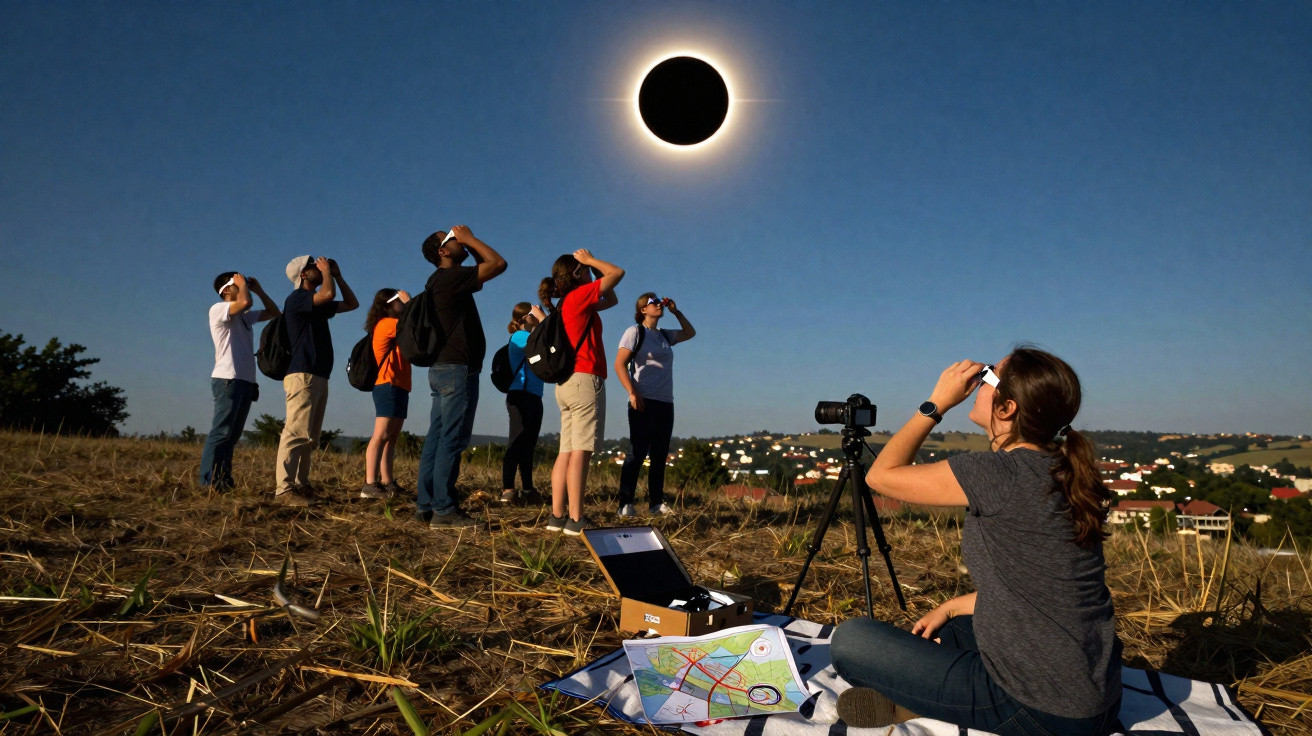 Grupo de pessoas observando eclipse solar total com óculos especiais em campo aberto durante o dia.