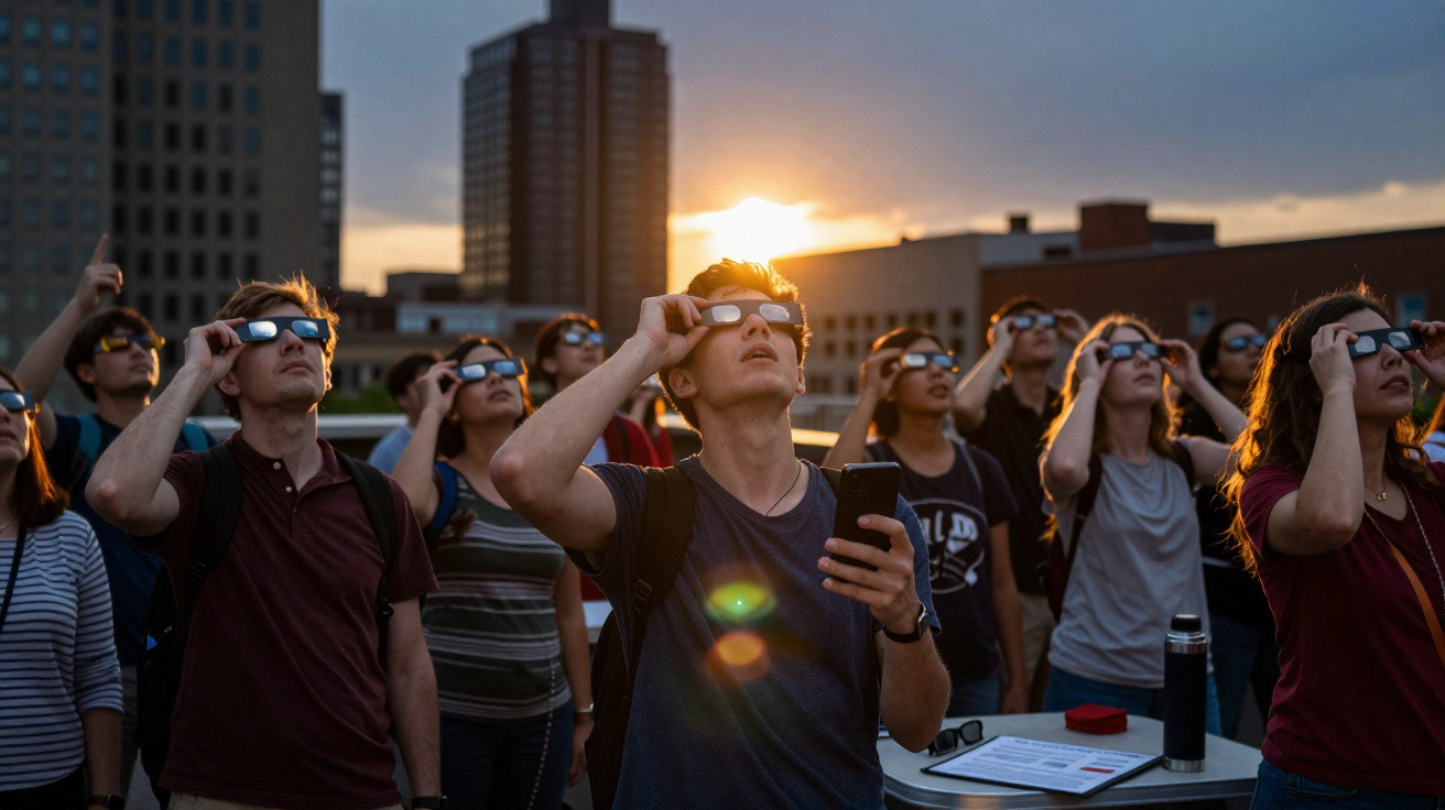 Grupo de pessoas usando óculos especiais para observar eclipse solar ao pôr do sol na cidade.
