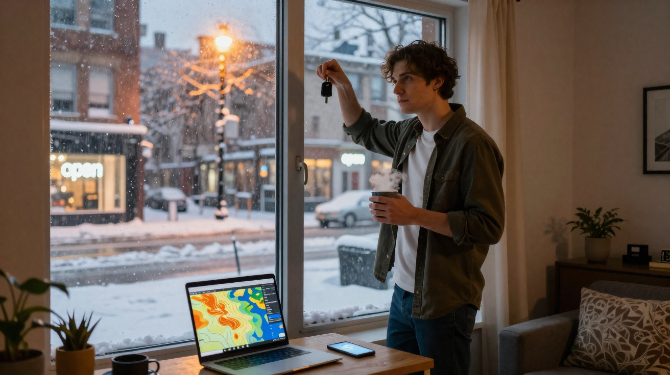Jovem em ambiente interno segurando chave e caneca, olhando para janela com neve e laptop aberto na mesa.
