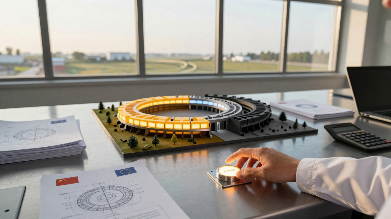 Mão ajustando controle ao lado de maquete circular iluminada em mesa com plantas e documentos técnicos.