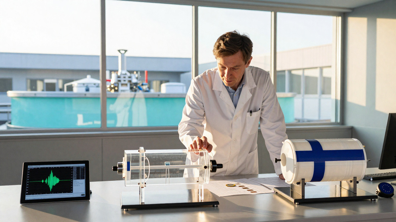 Homem de jaleco branco analisa experimento com equipamentos científicos em laboratório iluminado.