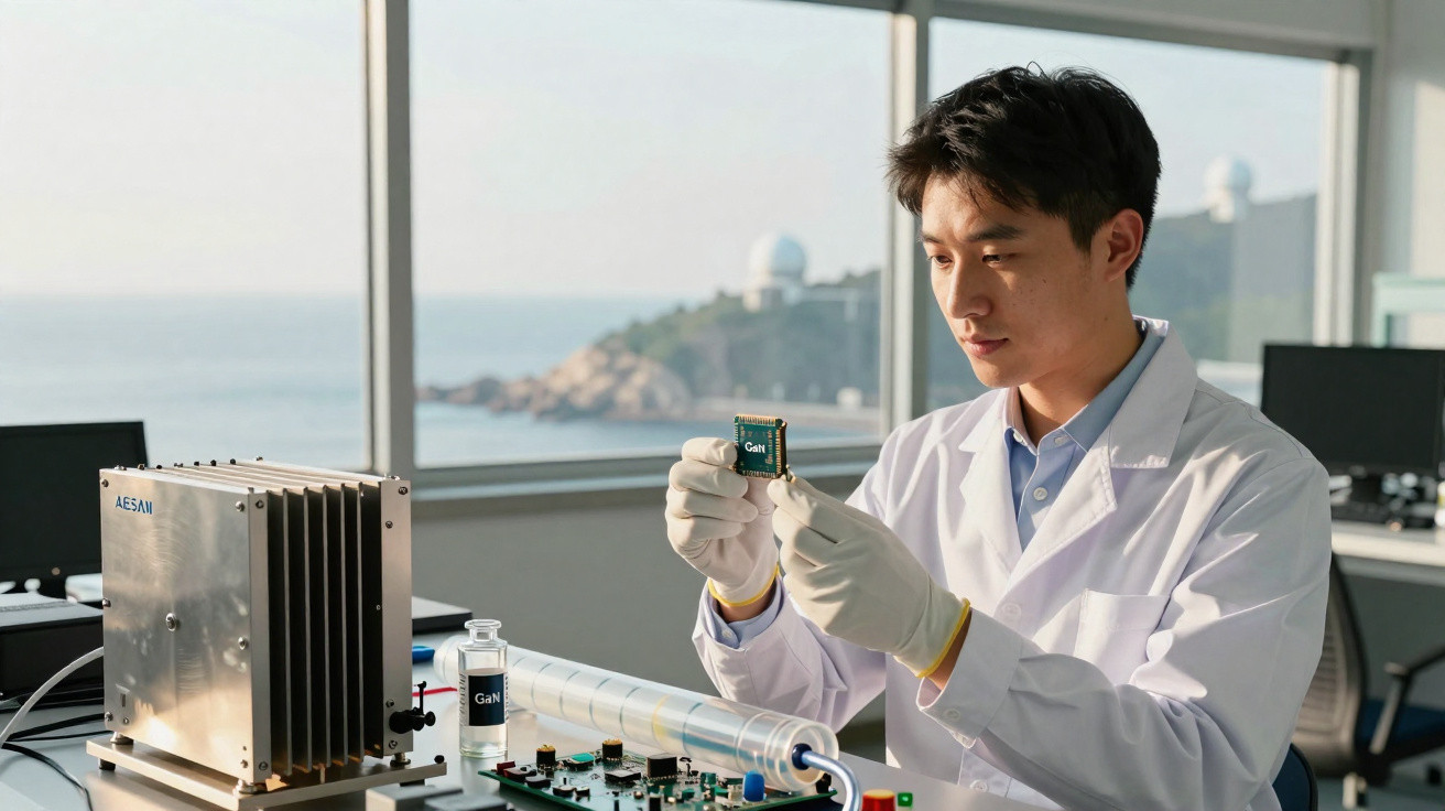 Pesquisador com jaleco branco e luvas manuseia componente eletrônico em laboratório com vista para o mar.