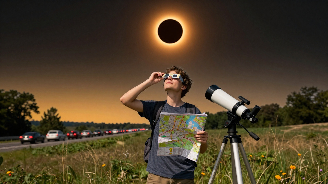 Homem observa eclipse solar com óculos especiais e mapa ao lado de telescópio em campo aberto próximo a estrada.