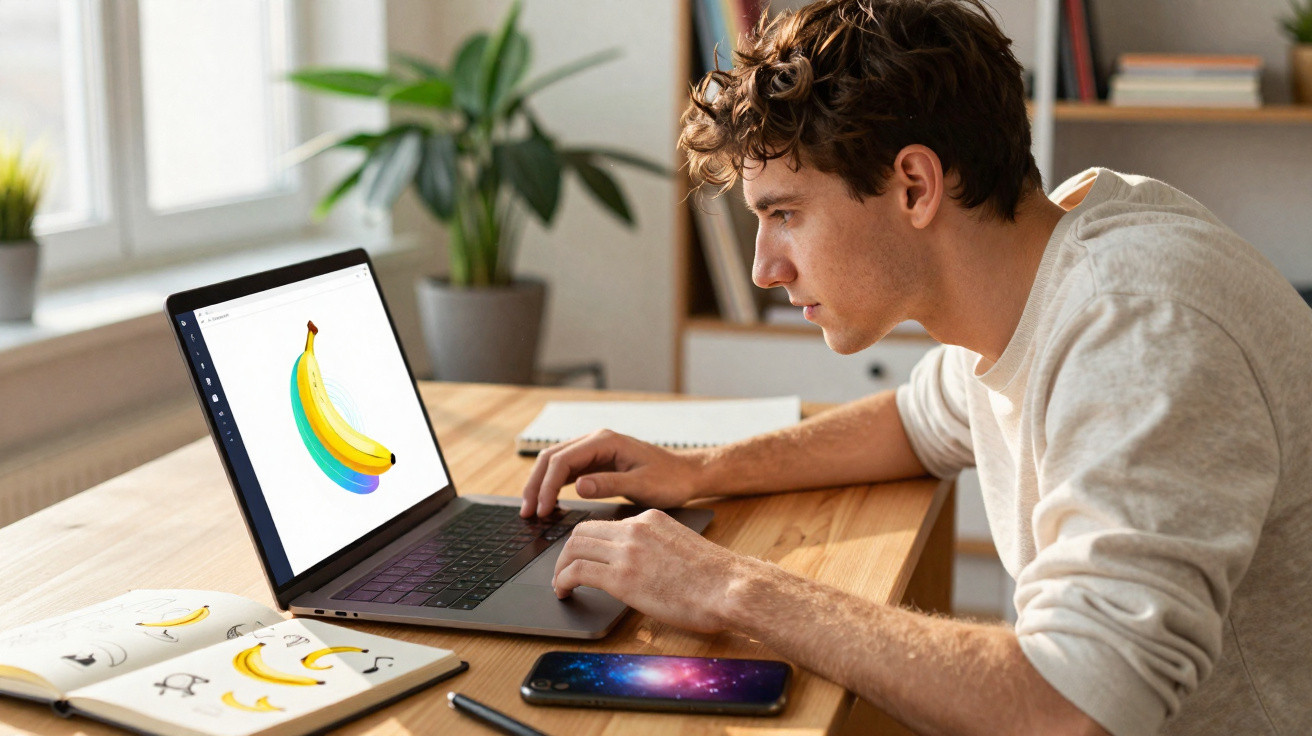 Jovem olhando atentamente para um laptop vendo uma imagem colorida de banana em uma mesa com caderno aberto.