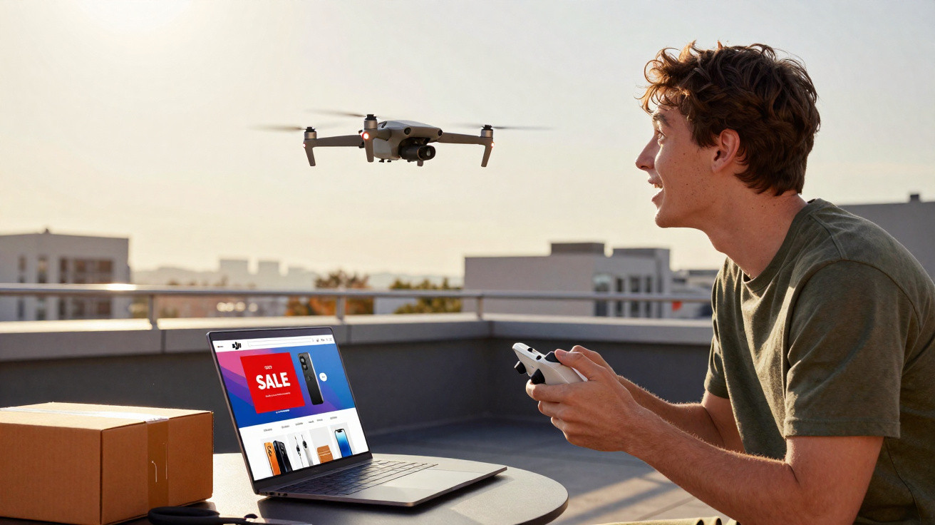 Jovem operando drone com controle remoto em área externa, ao lado de laptop e caixa de papelão.