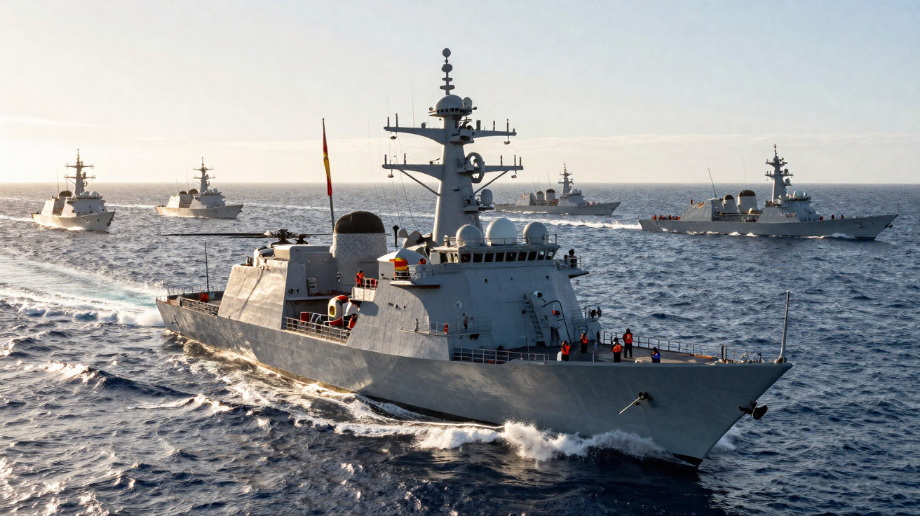 Formação de cinco navios militares navegando em mar aberto ao pôr do sol.