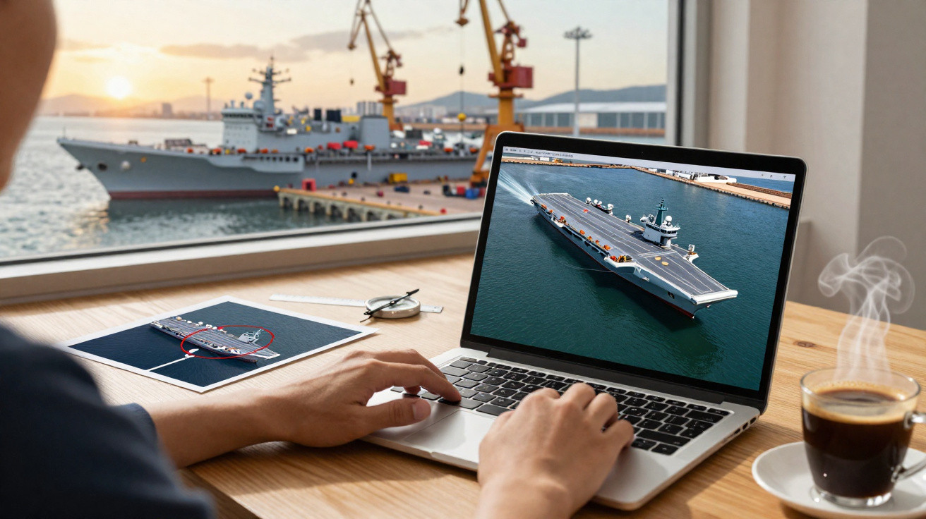 Pessoa trabalhando no projeto de um porta-aviões em um laptop com navio no porto ao fundo e café na mesa.