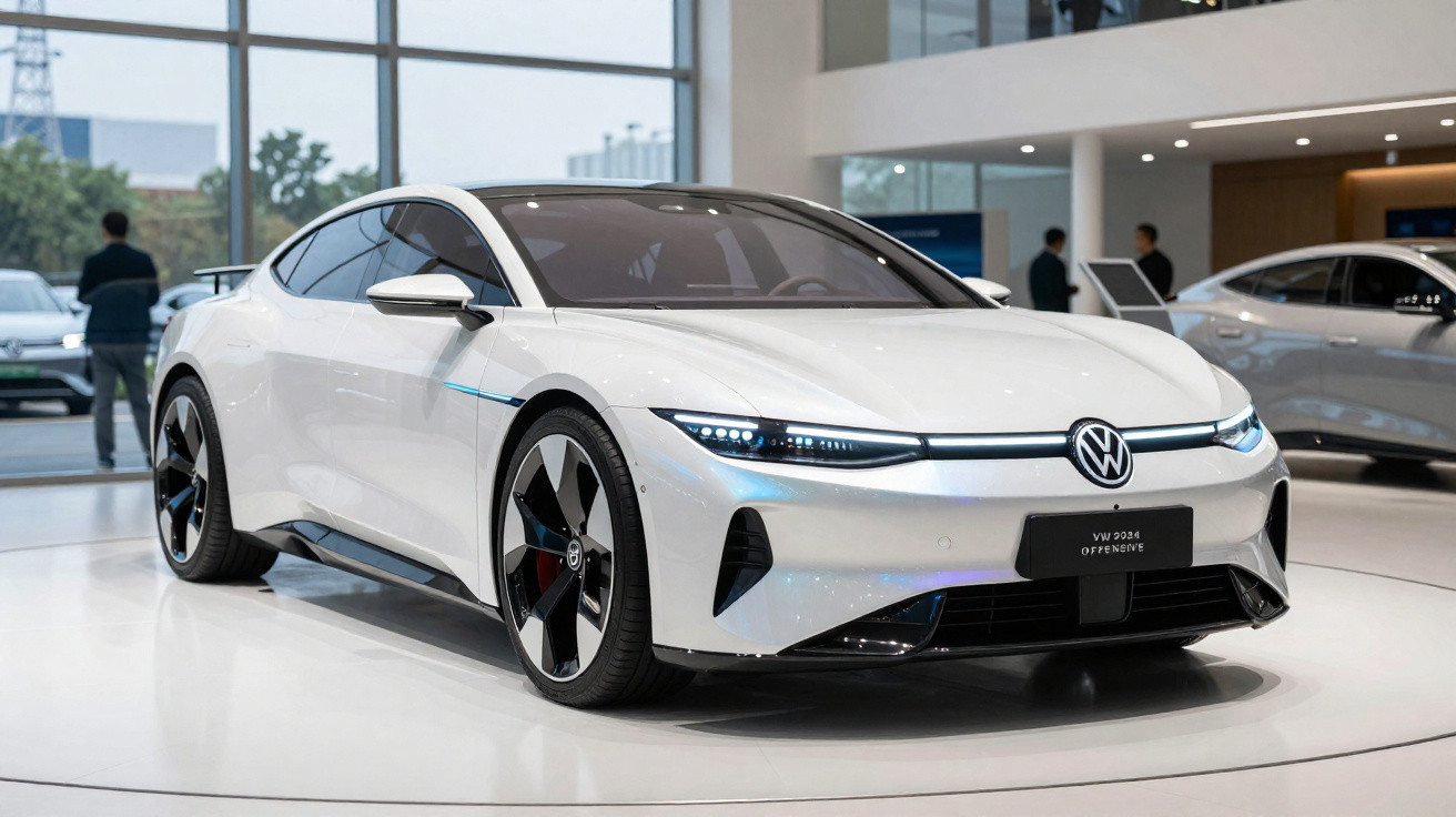 Carro elétrico branco Volkswagen VW 2034 exibido em showroom moderno com design aerodinâmico.