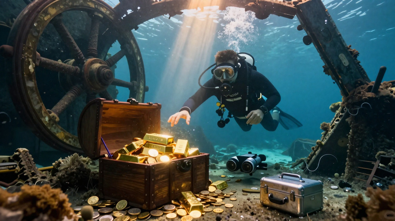 Mergulhador explorando um tesouro submerso com moedas e barras de ouro dentro de um navio afundado.