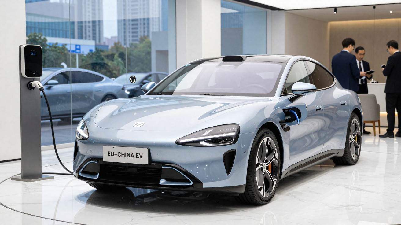 Carro elétrico prata conectado a carregador em showroom com três homens ao fundo discutindo.