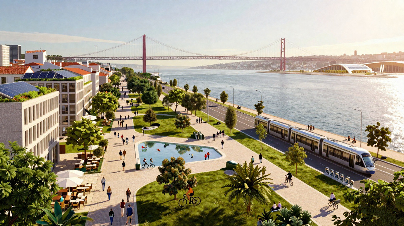 Vista diurna de área urbana à beira-rio com ciclovia, bonde, pessoas caminhando e ponte ao fundo.