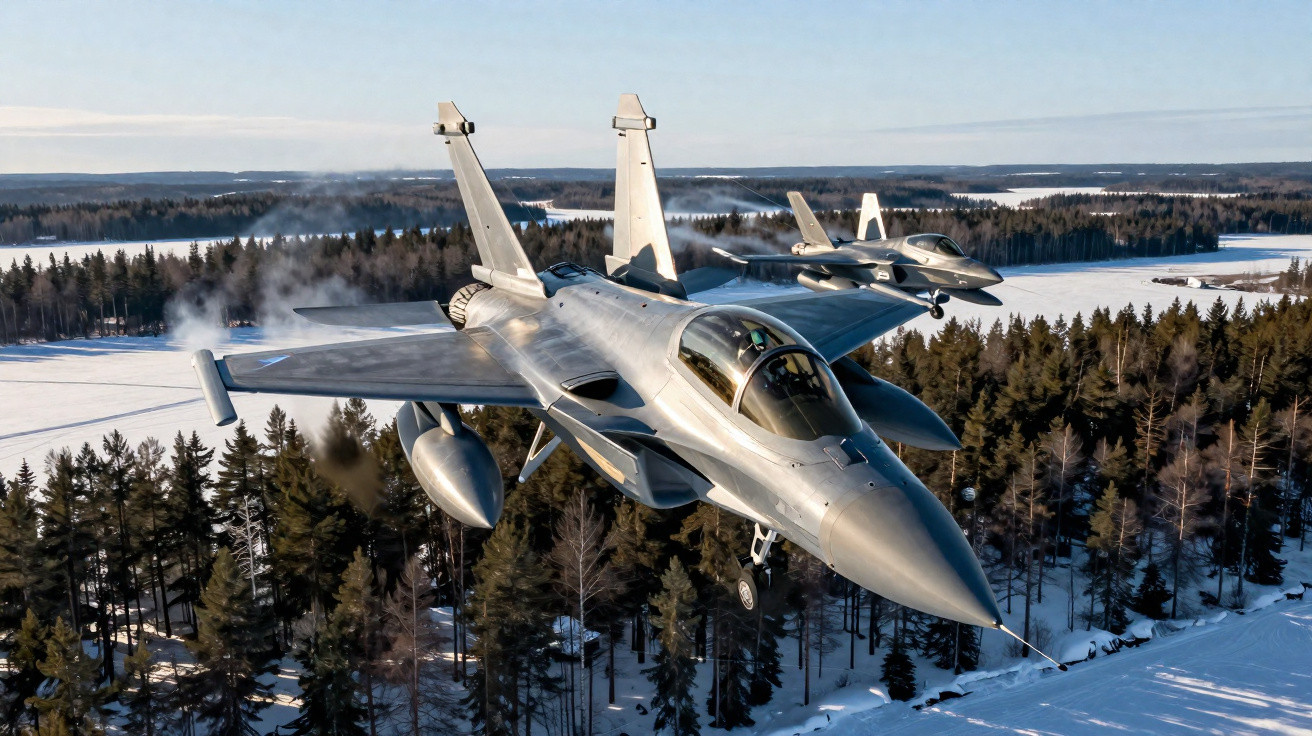 Dois caças militares voando sobre floresta e áreas cobertas de neve em dia claro.