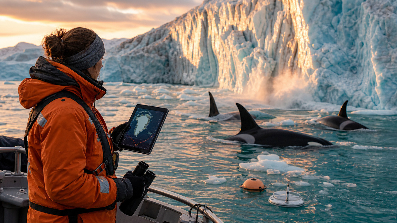 Pessoa em roupa laranja observa orcas nadando perto de geleira iluminada pelo sol no Ártico.
