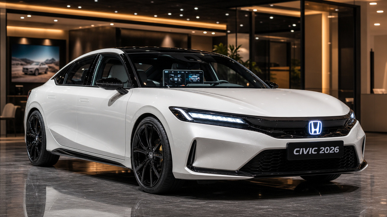 Carro Honda Civic 2026 branco com rodas pretas, em showroom moderno e iluminado.