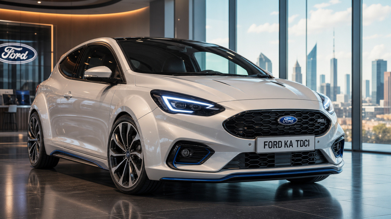 Carro branco Ford Ka TDCi estacionado em showroom moderno com cidade ao fundo.